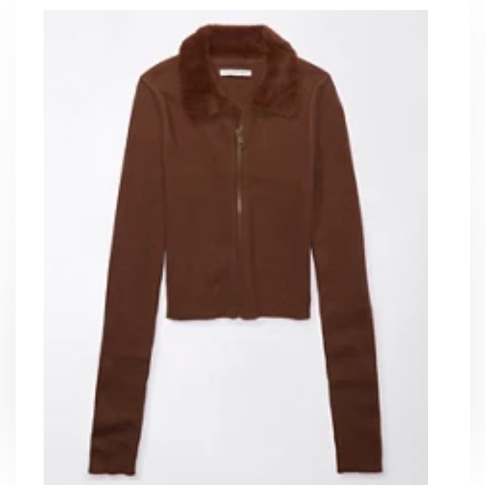 Brown AE cropped eyelash collar full zip sweater size small